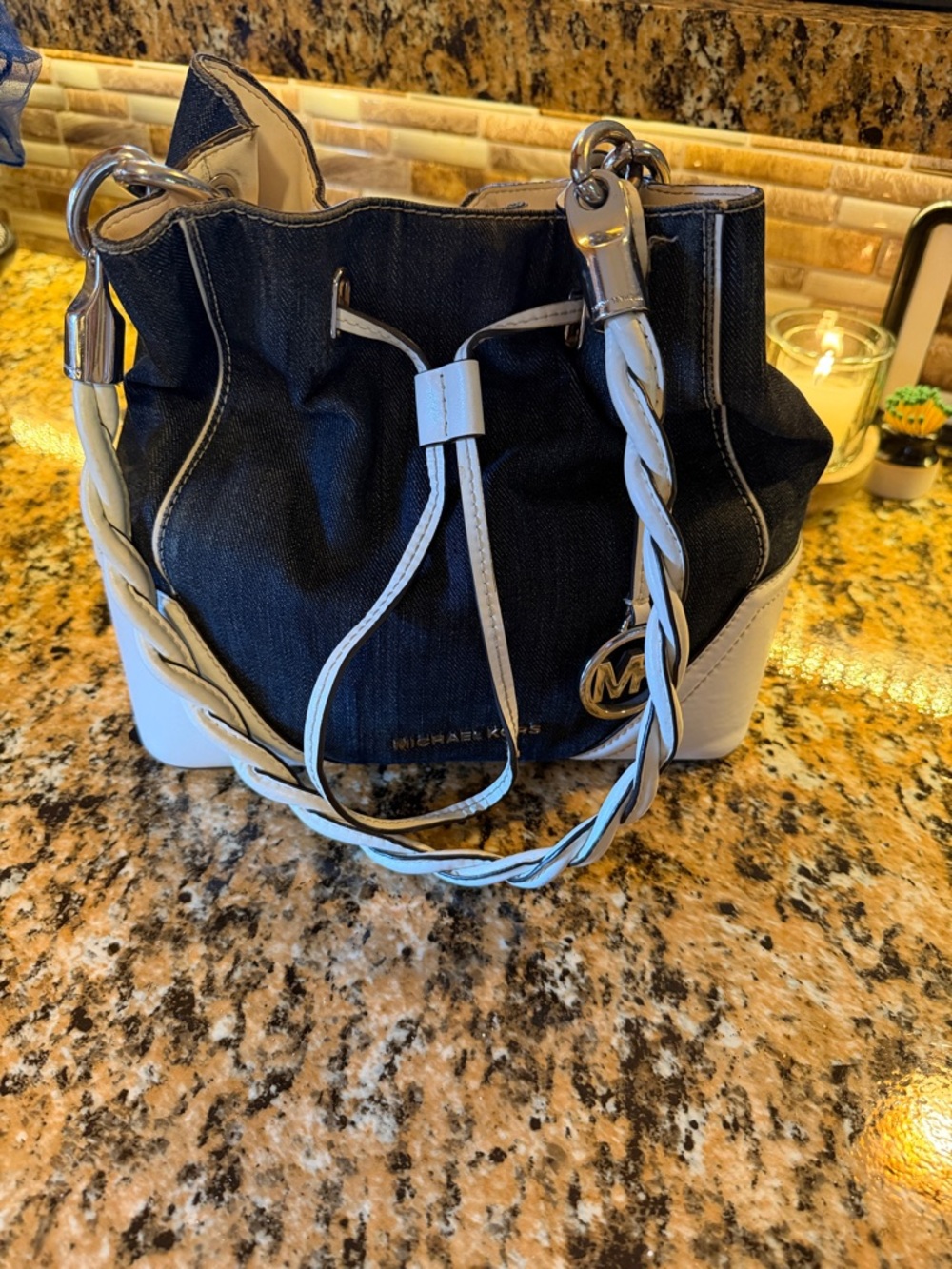 Michael Kors Navy Denim and White Drawstring Shoulder Bag